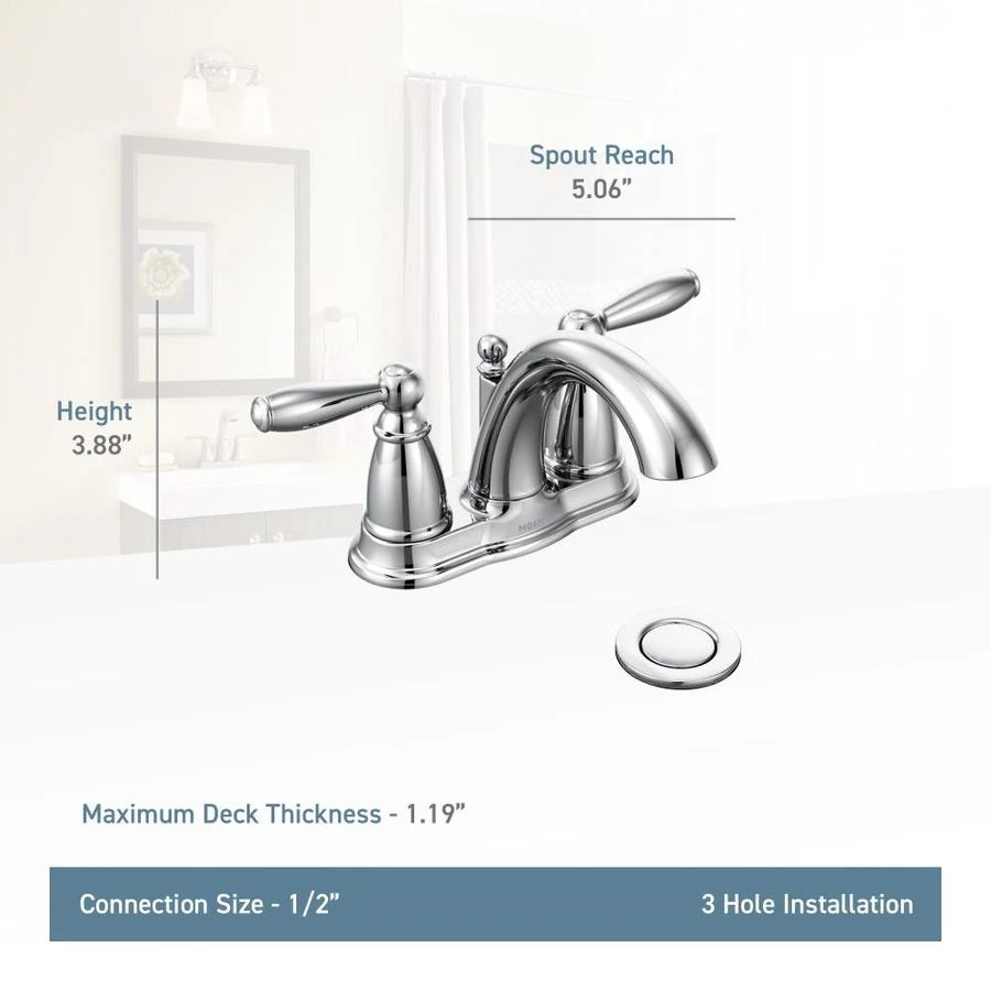 Moen Brantford Brushed Nickel 2-handle 4-in Centerset WaterSense Bathroom Sink Faucet With Drain 5 Moen Brantford Brushed Nickel 2-handle 4-in Centerset WaterSense Bathroom Sink Faucet With Drain - Image 5