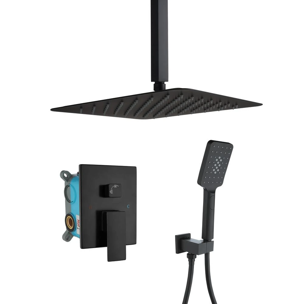 3-Spray With 2.5 GPM 12 In. 2 Functions Tub Ceiling Mount Dual Shower Heads In Spot In Matte Black (Valve Included) 1 3-Spray With 2.5 GPM 12 In. 2 Functions Tub Ceiling Mount Dual Shower Heads In Spot In Matte Black (Valve Included)