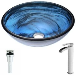 ANZZI Soave Series Deco-Glass Vessel Sink In Sapphire Wisp With Key Faucet In Brushed Nickel