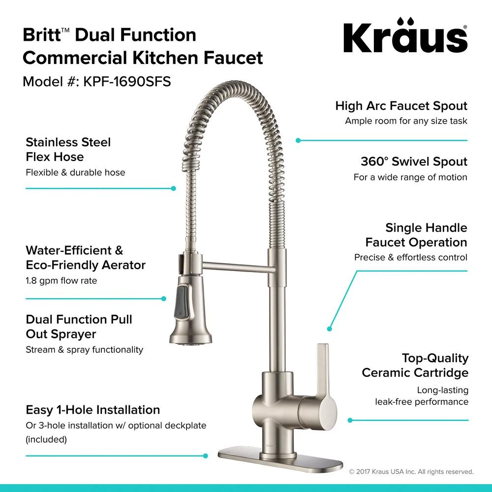 Britt Single Handle Commercial Kitchen Faucet With Dual Function Sprayhead In All-Brite Spot Free Stainless Steel Finish 4 Britt Single Handle Commercial Kitchen Faucet With Dual Function Sprayhead In All-Brite Spot Free Stainless Steel Finish - Image 4