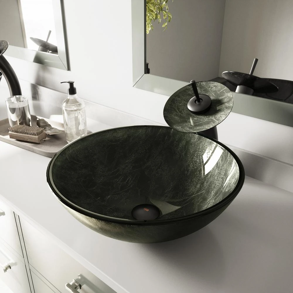 VIGO Gray Handmade Glass Round Vessel Bathroom Sink In Gray Onyx 3 VIGO Gray Handmade Glass Round Vessel Bathroom Sink In Gray Onyx - Image 3