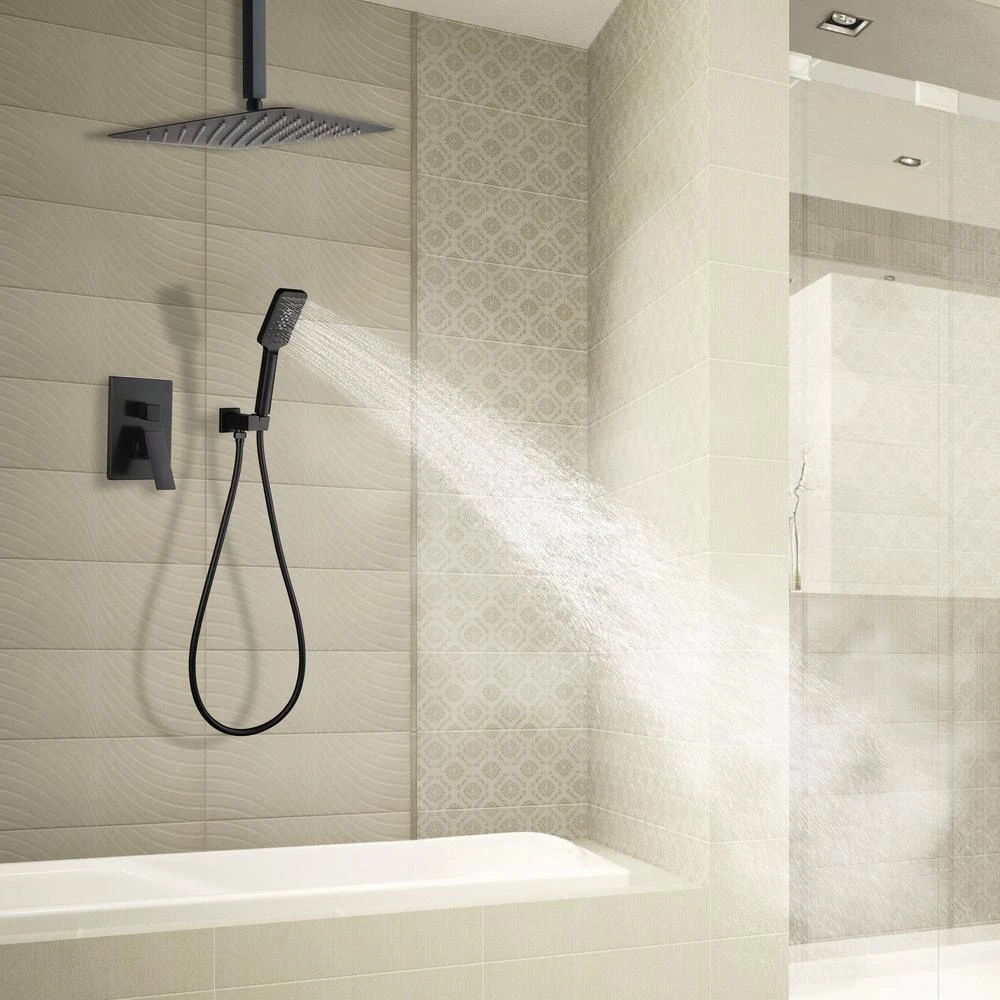 3-Spray With 2.5 GPM 12 In. 2 Functions Tub Ceiling Mount Dual Shower Heads In Spot In Matte Black (Valve Included) 4 3-Spray With 2.5 GPM 12 In. 2 Functions Tub Ceiling Mount Dual Shower Heads In Spot In Matte Black (Valve Included) - Image 4