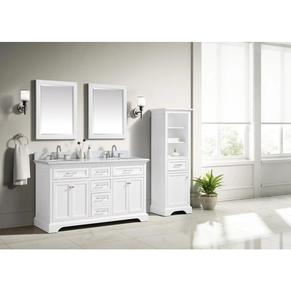 Windlowe 61 In. W X 22 In. D X 35 In. H Bath Vanity In White With Carrera Marble Vanity Top In White With White Sink 2 Windlowe 61 In. W X 22 In. D X 35 In. H Bath Vanity In White With Carrera Marble Vanity Top In White With White Sink - Image 2