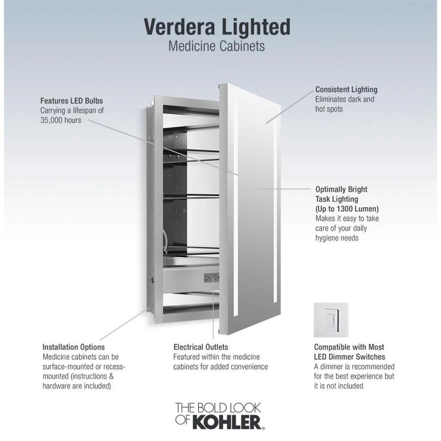 KOHLER Verdera 20-in X 30-in Rectangle Surface/Recessed Mirrored Medicine Cabinet With Outlet And Lights 1 KOHLER Verdera 20-in X 30-in Rectangle Surface/Recessed Mirrored Medicine Cabinet With Outlet And Lights