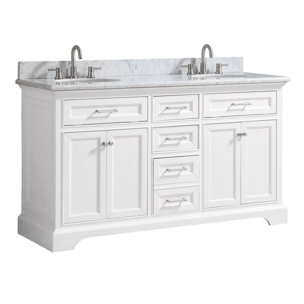 Windlowe 61 In. W X 22 In. D X 35 In. H Bath Vanity In White With Carrera Marble Vanity Top In White With White Sink 3 Windlowe 61 In. W X 22 In. D X 35 In. H Bath Vanity In White With Carrera Marble Vanity Top In White With White Sink - Image 3