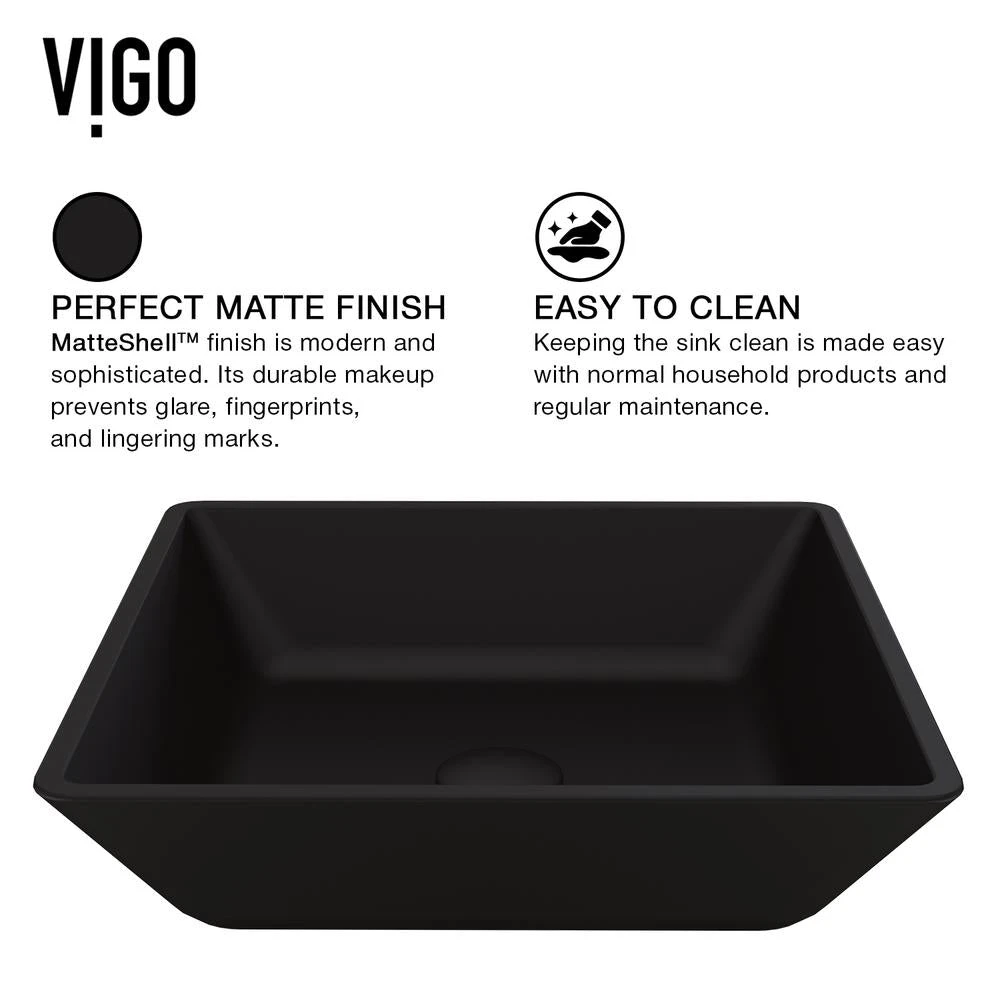 VIGO Black Roma Rectangular MatteShell Glass Bathroom Vessel Sink 6 VIGO Black Roma Rectangular MatteShell Glass Bathroom Vessel Sink - Image 6